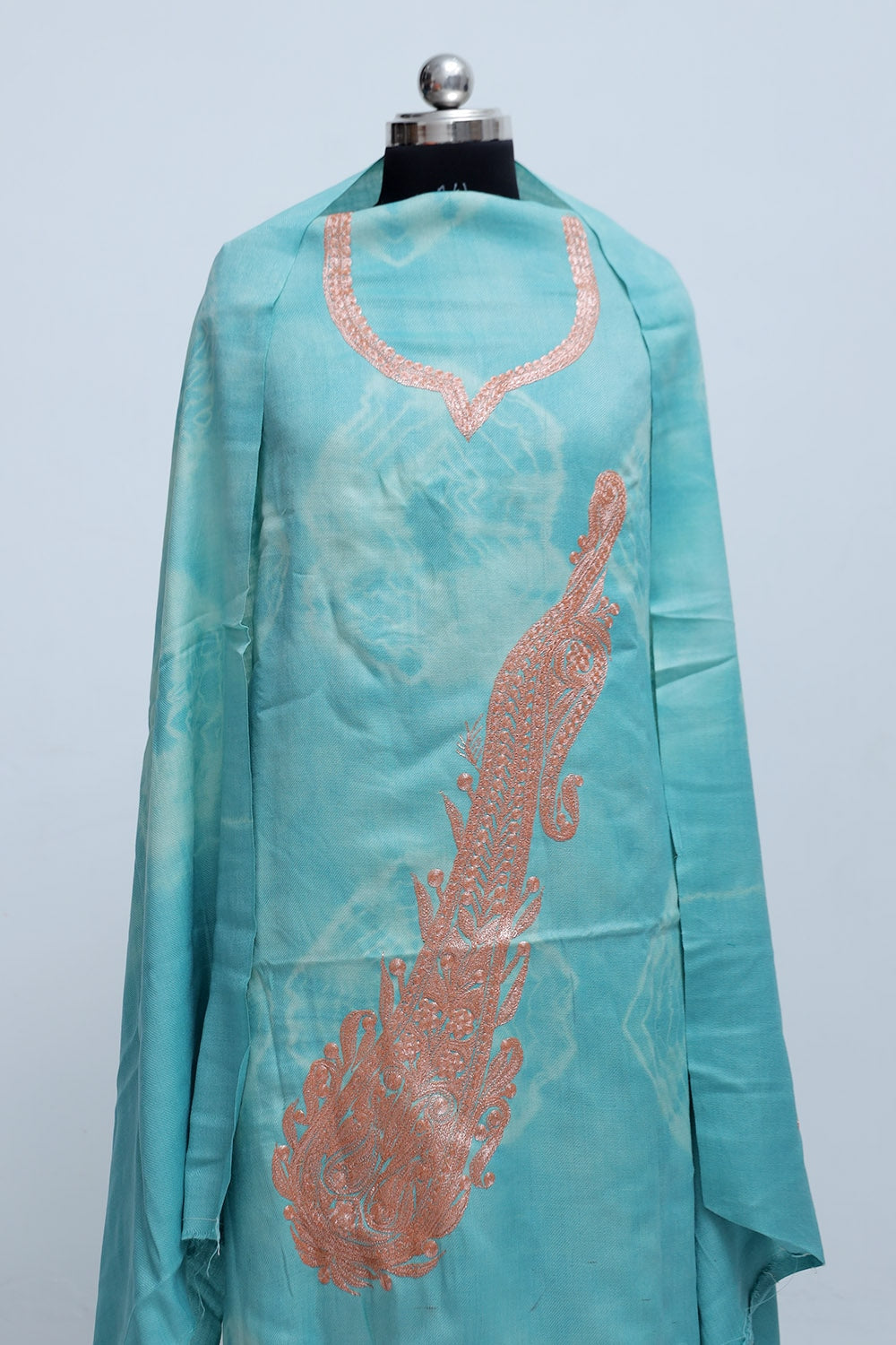 Sky Blue Tye And Dye Semi Pashmina Suit Having Tilla Neck