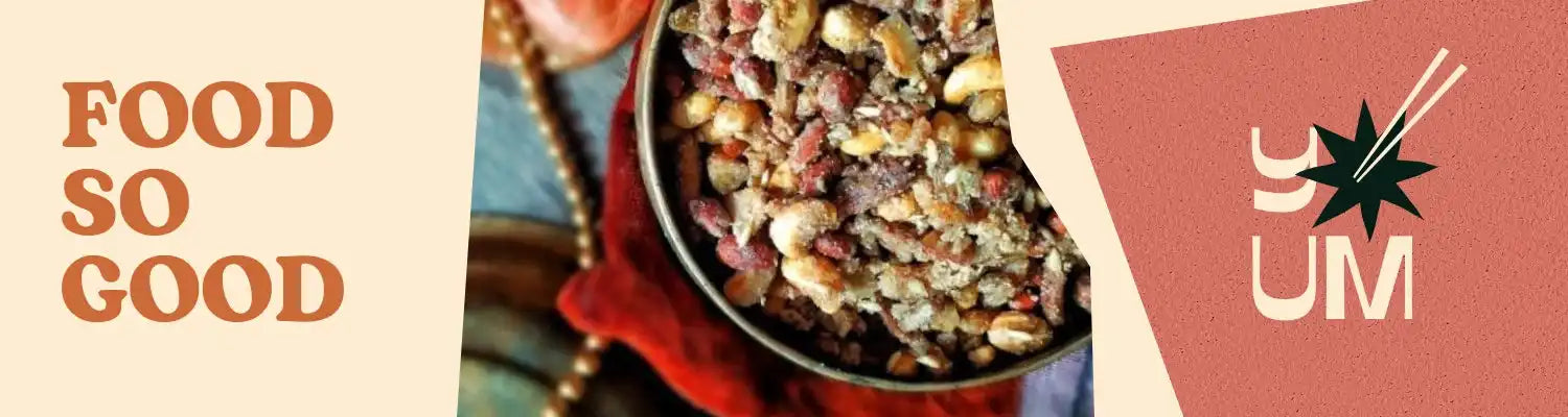 A bowl of mixed nuts and dried fruit.