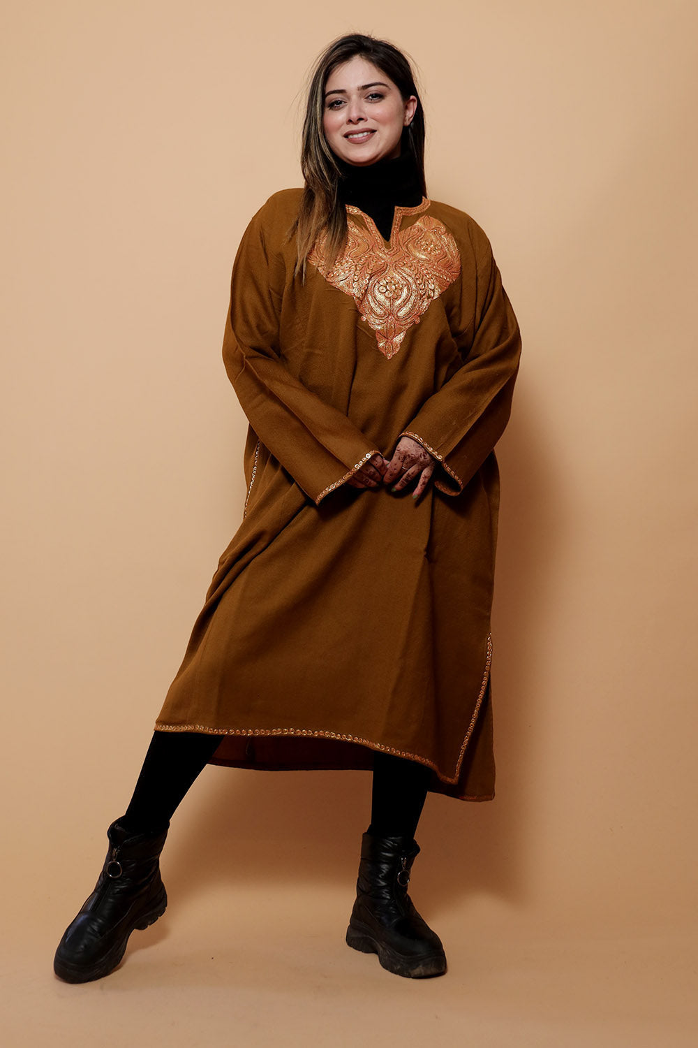 Brown Color Kashmiri Work Embroidered Phiran Enriched