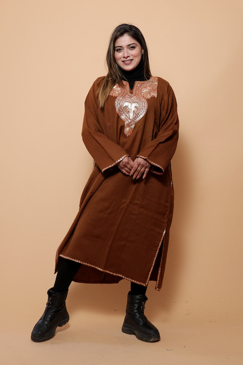 Brown Color Kashmiri Work Embroidered Phiran Enriched