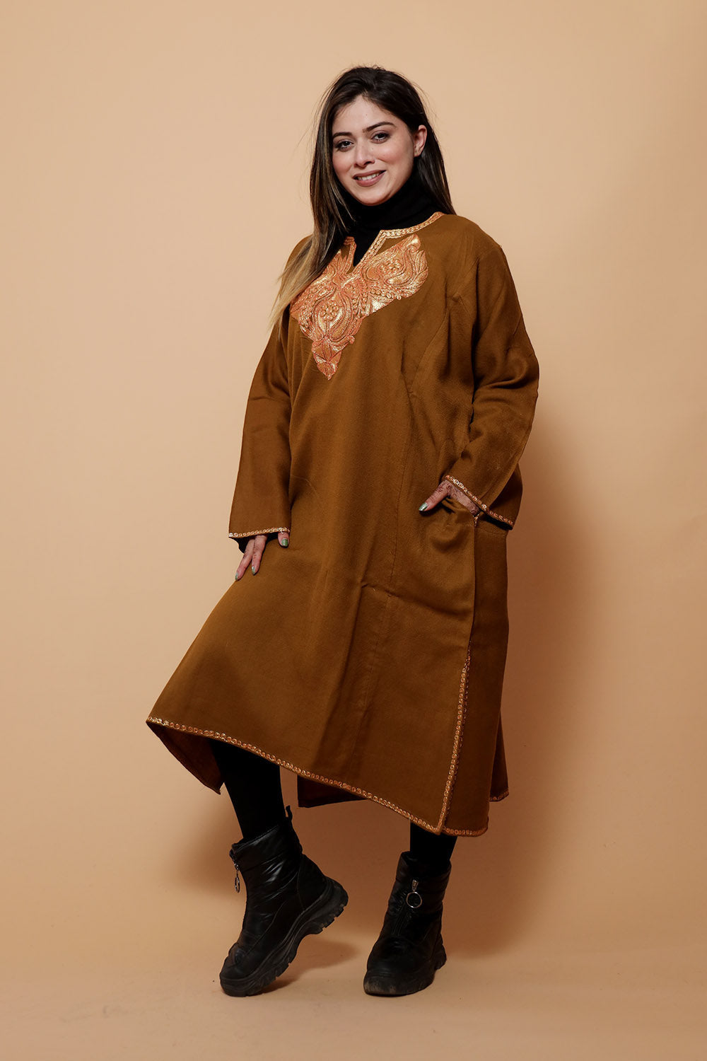 Brown Color Kashmiri Work Embroidered Phiran Enriched