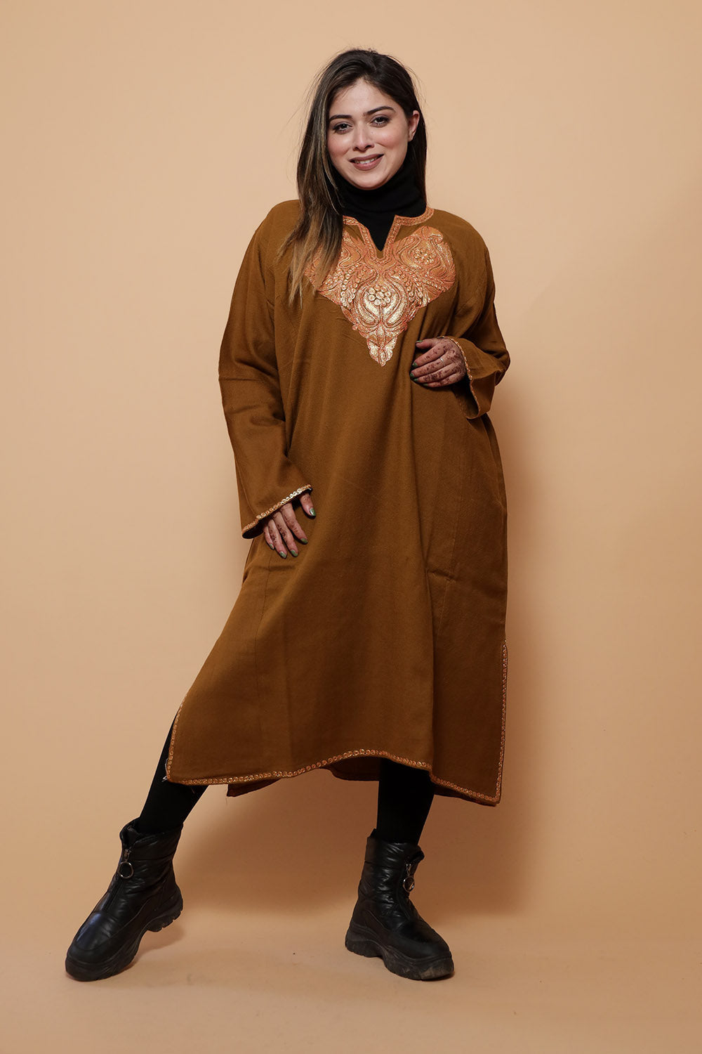 Brown Color Kashmiri Work Embroidered Phiran Enriched