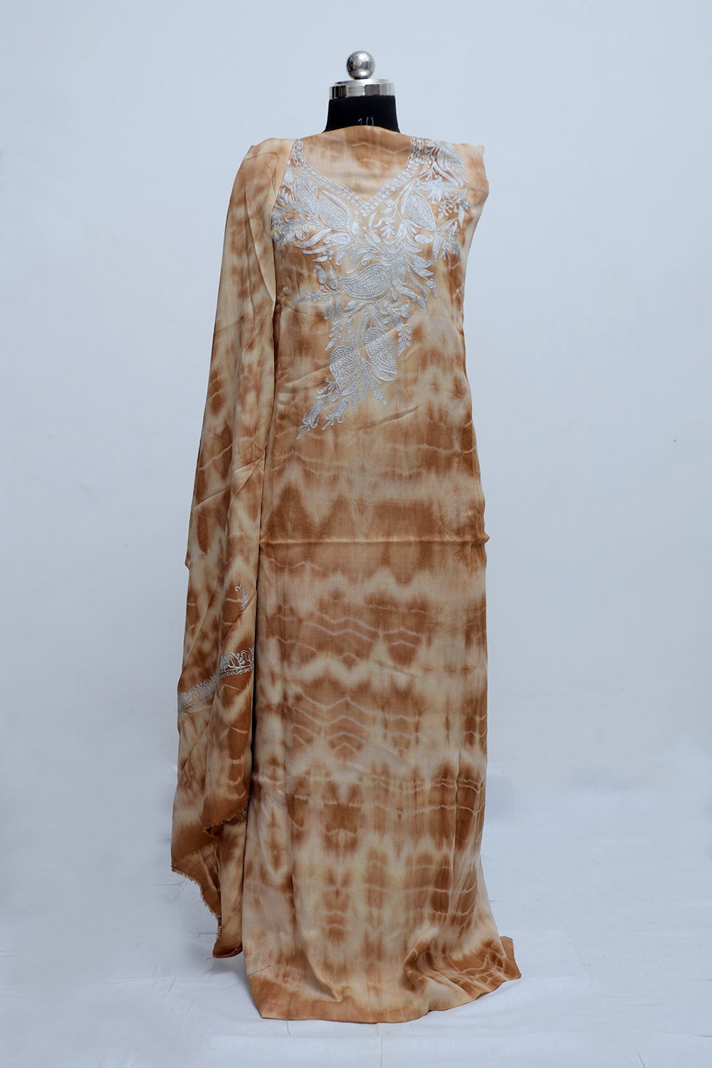 Brown Color Tye And Dye Semi Pashmina Suit Having Tilla