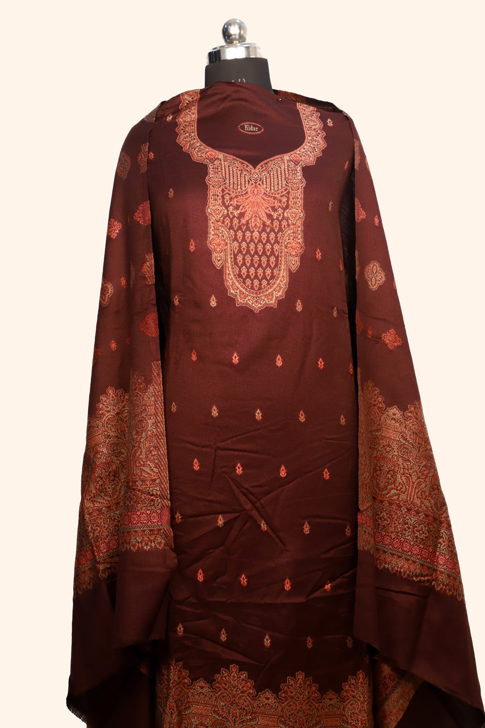 Brown Color Woolen Kashmiri Kani Work Unstitched Suit