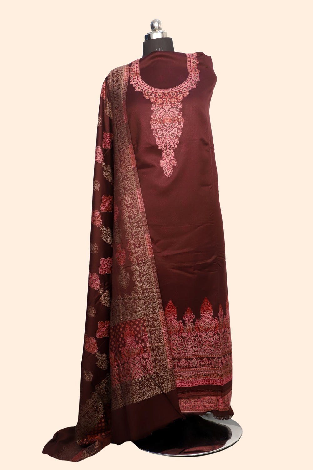 Brown Color Woolen Kashmiri Kani Work Unstitched Suit Fabric