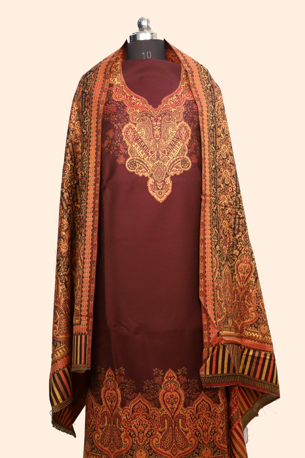 Brown Color Woolen Kashmiri Kani Work Unstitched Suit Fabric
