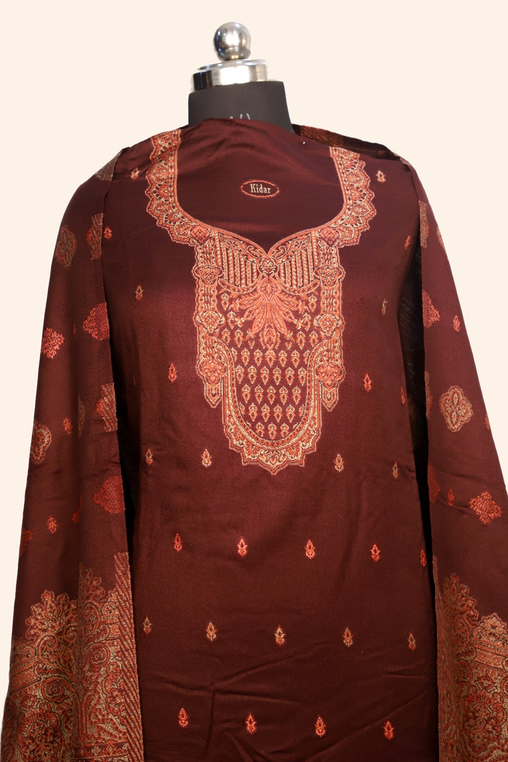 Brown Color Woolen Kashmiri Kani Work Unstitched Suit