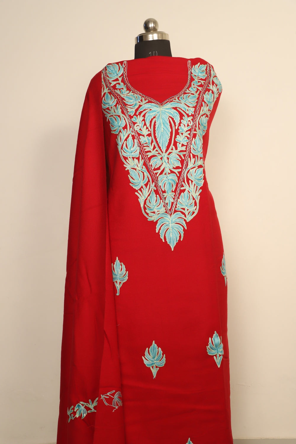 Red Color Kashmiri Woolen Aari Work Embroidered Unstitched