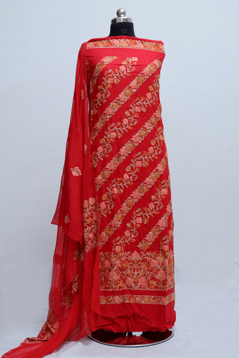Red Color Rayon Cotton Kashmiri Aari Work Unstitched Suit