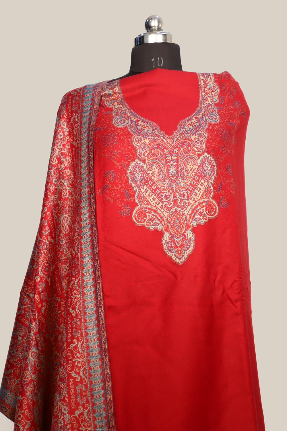 Red Color Woolen Kashmiri Kani Work Unstitched Suit Fabric