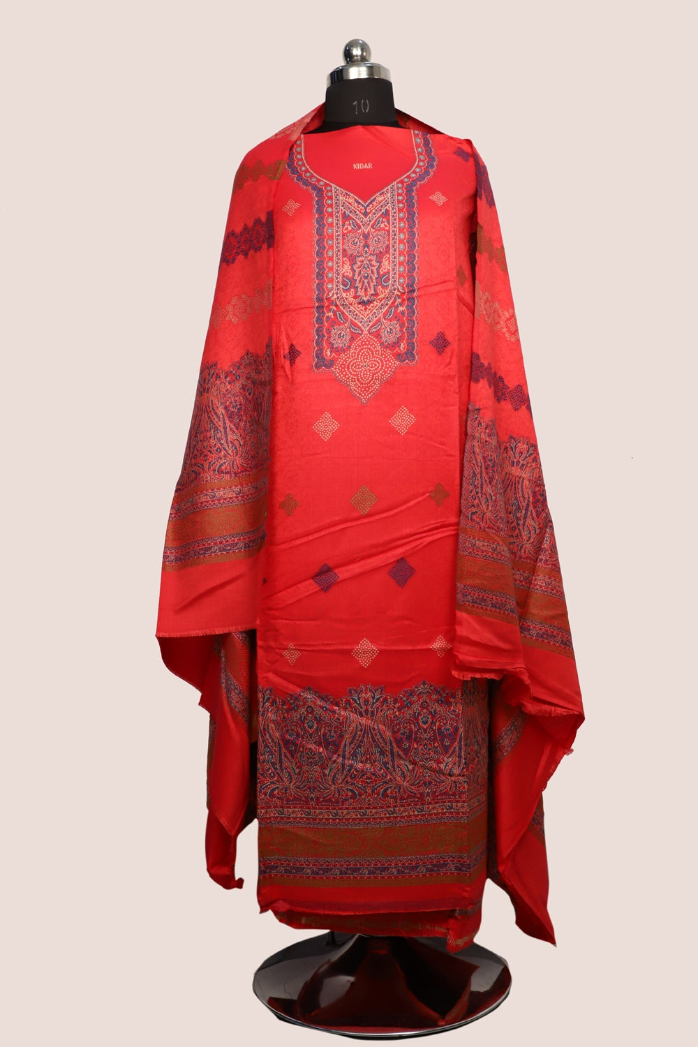 Red Color Woolen Kashmiri Kani Work Unstitched Suit Fabric