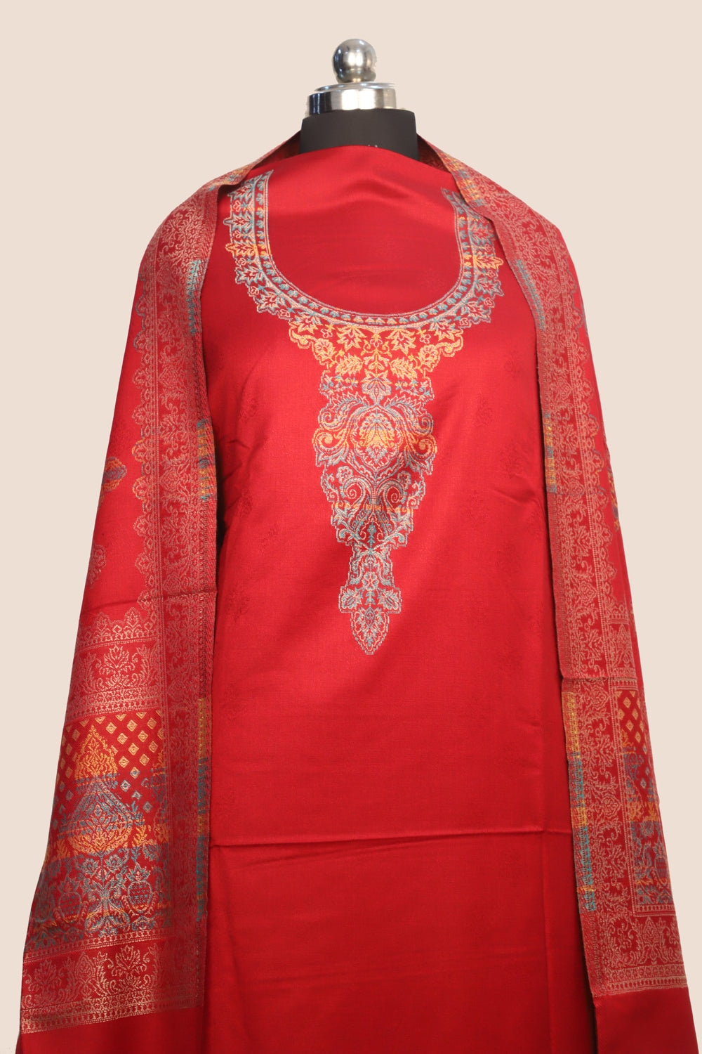 Red Color Woolen Kashmiri Kani Work Unstitched Suit Fabric