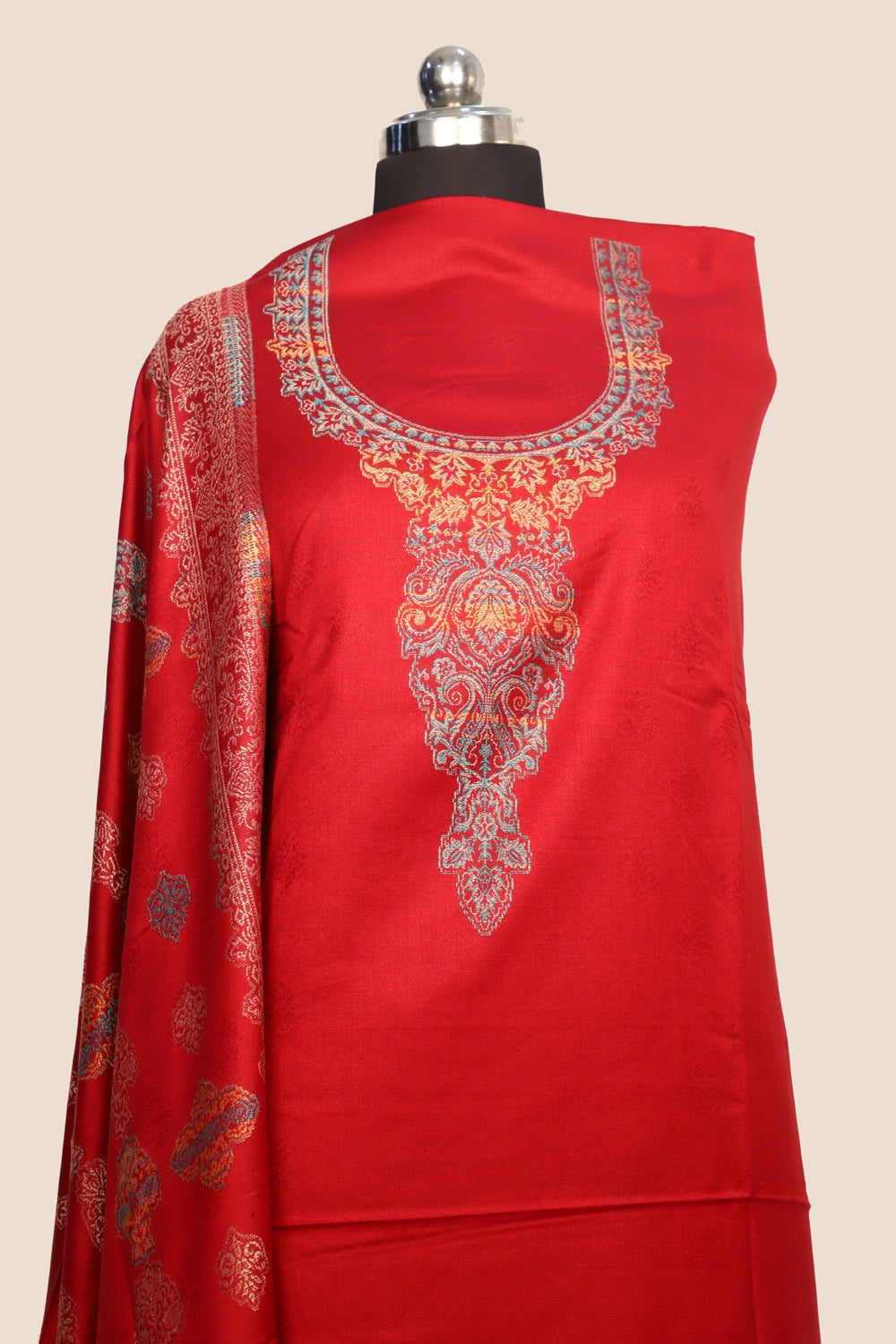 Red Color Woolen Kashmiri Kani Work Unstitched Suit Fabric