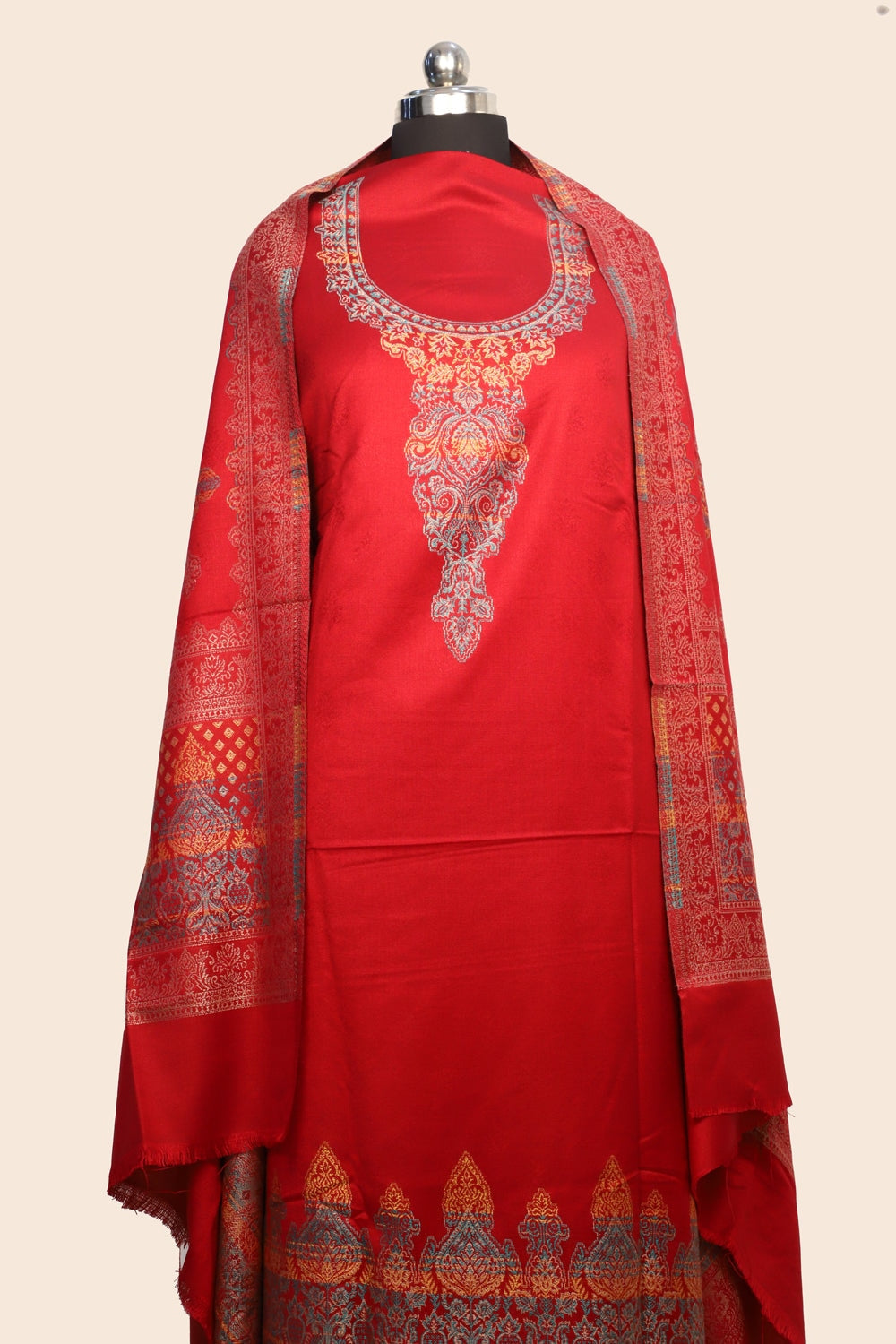 Red Color Woolen Kashmiri Kani Work Unstitched Suit Fabric