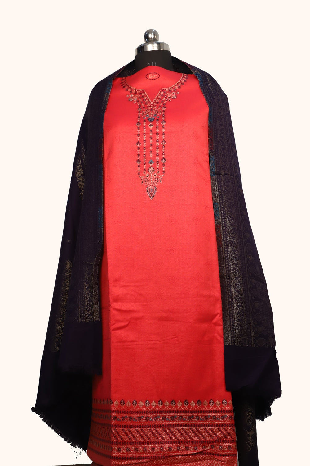 Red Color Woolen Kashmiri Kani Work Unstitched Suit Fabric