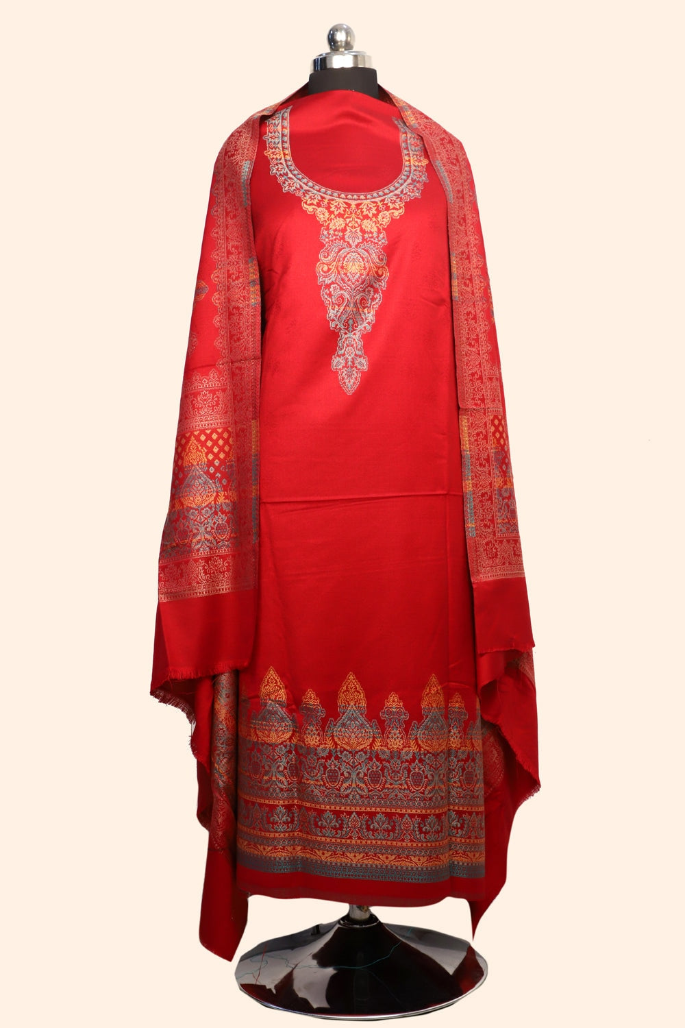 Red Color Woolen Kashmiri Kani Work Unstitched Suit Fabric