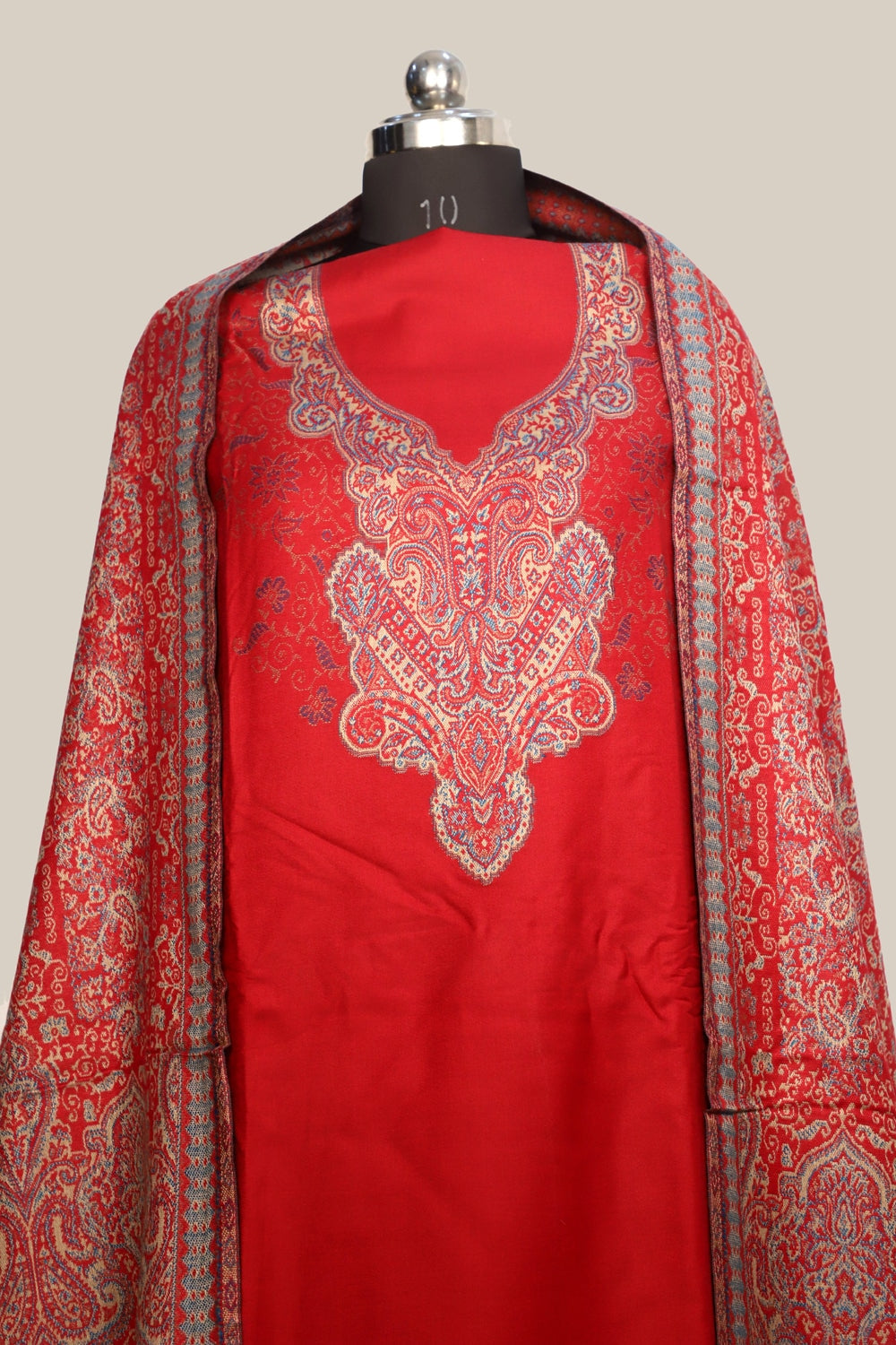 Red Color Woolen Kashmiri Kani Work Unstitched Suit Fabric