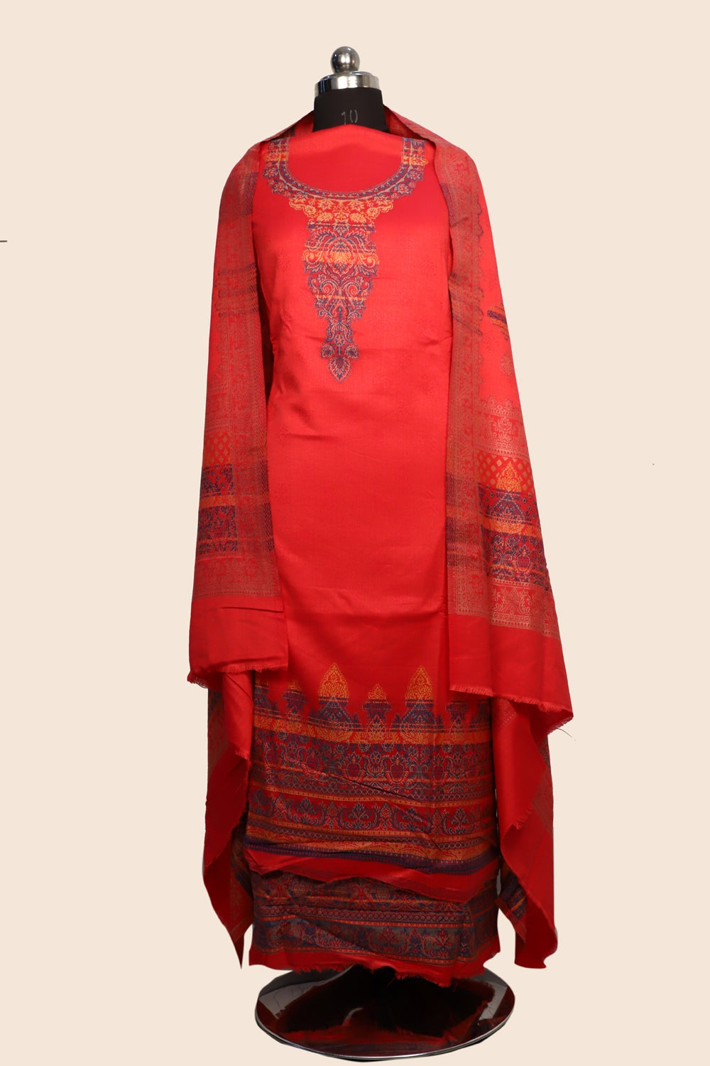 Red Color Woolen Kashmiri Kani Work Unstitched Suit Fabric