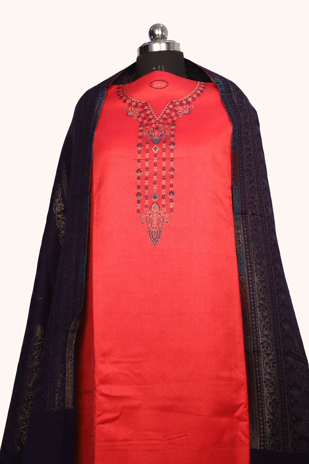 Red Color Woolen Kashmiri Kani Work Unstitched Suit Fabric