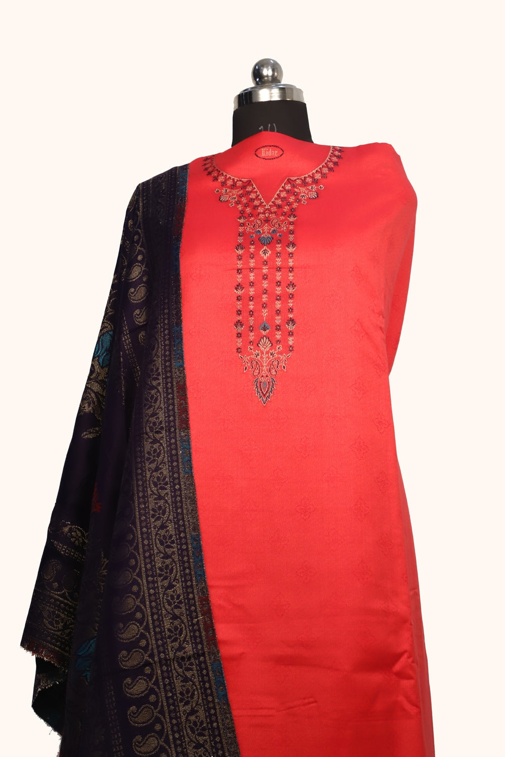 Red Color Woolen Kashmiri Kani Work Unstitched Suit Fabric