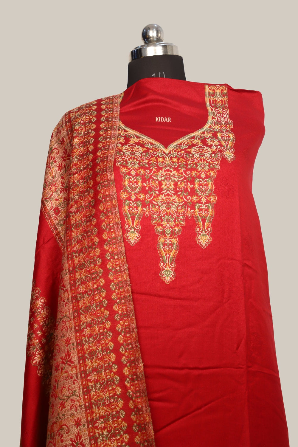 Red Color Woolen Kashmiri Kani Work Unstitched Suit Fabric