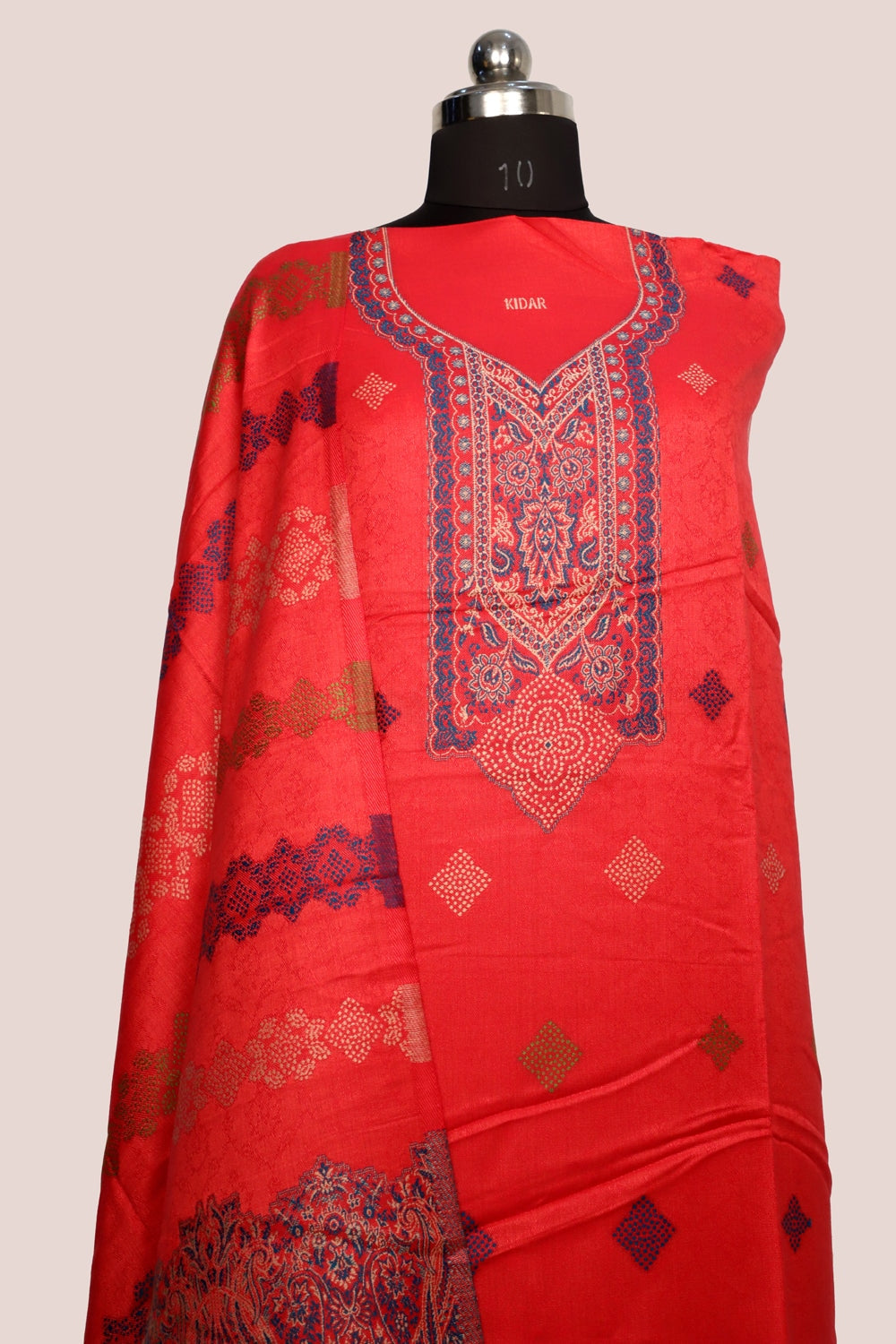 Red Color Woolen Kashmiri Kani Work Unstitched Suit Fabric