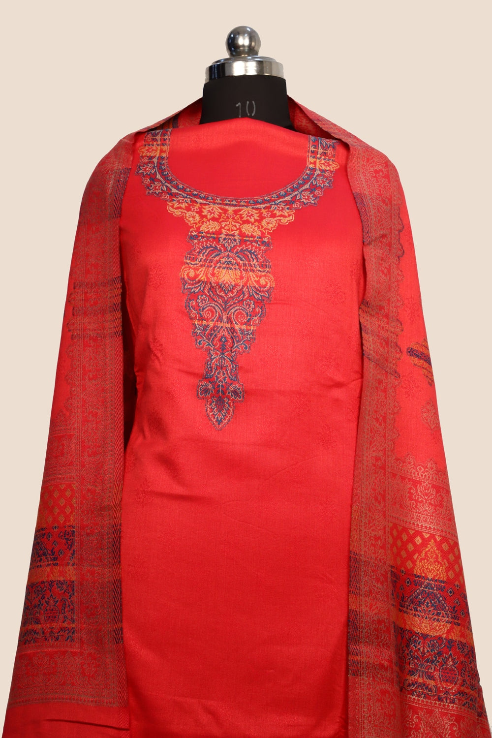 Red Color Woolen Kashmiri Kani Work Unstitched Suit Fabric