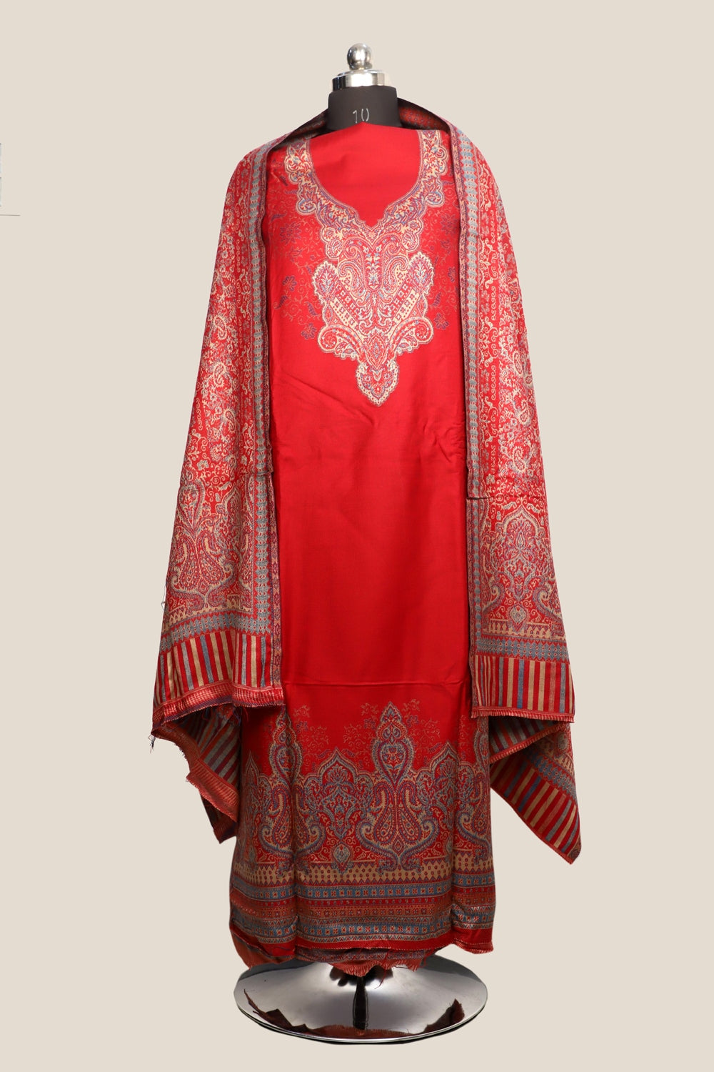 Red Color Woolen Kashmiri Kani Work Unstitched Suit Fabric