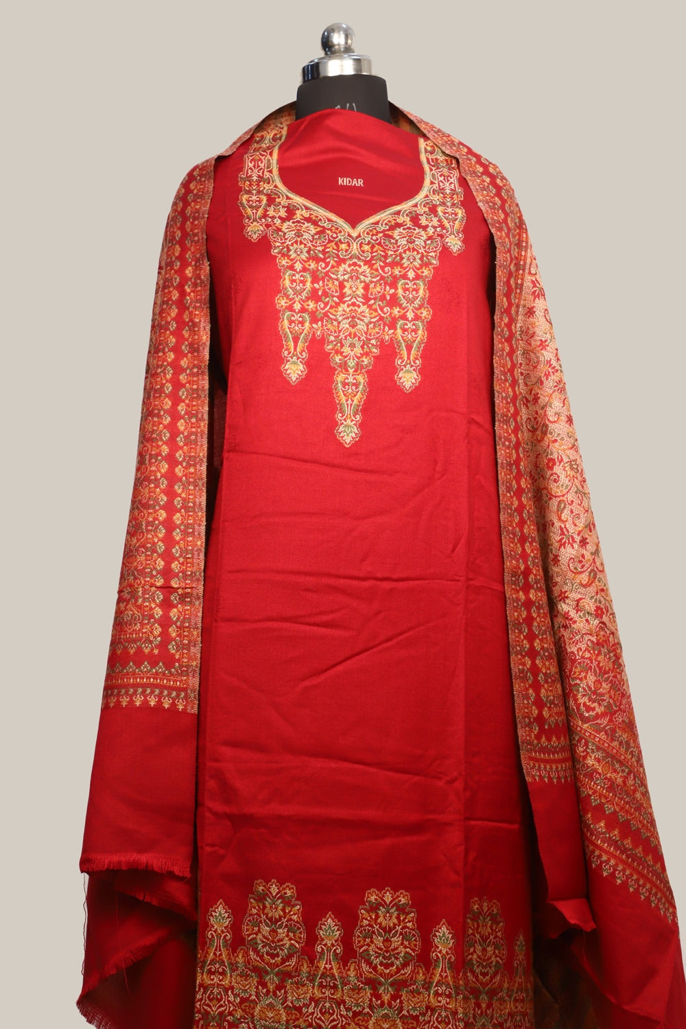 Red Color Woolen Kashmiri Kani Work Unstitched Suit Fabric