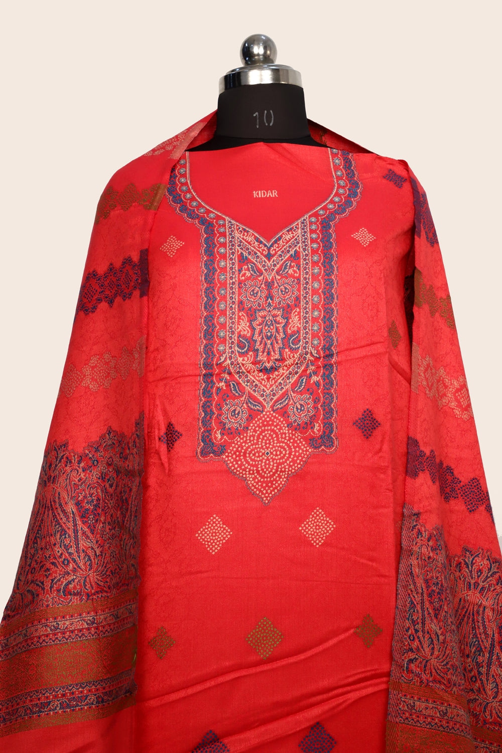 Red Color Woolen Kashmiri Kani Work Unstitched Suit Fabric