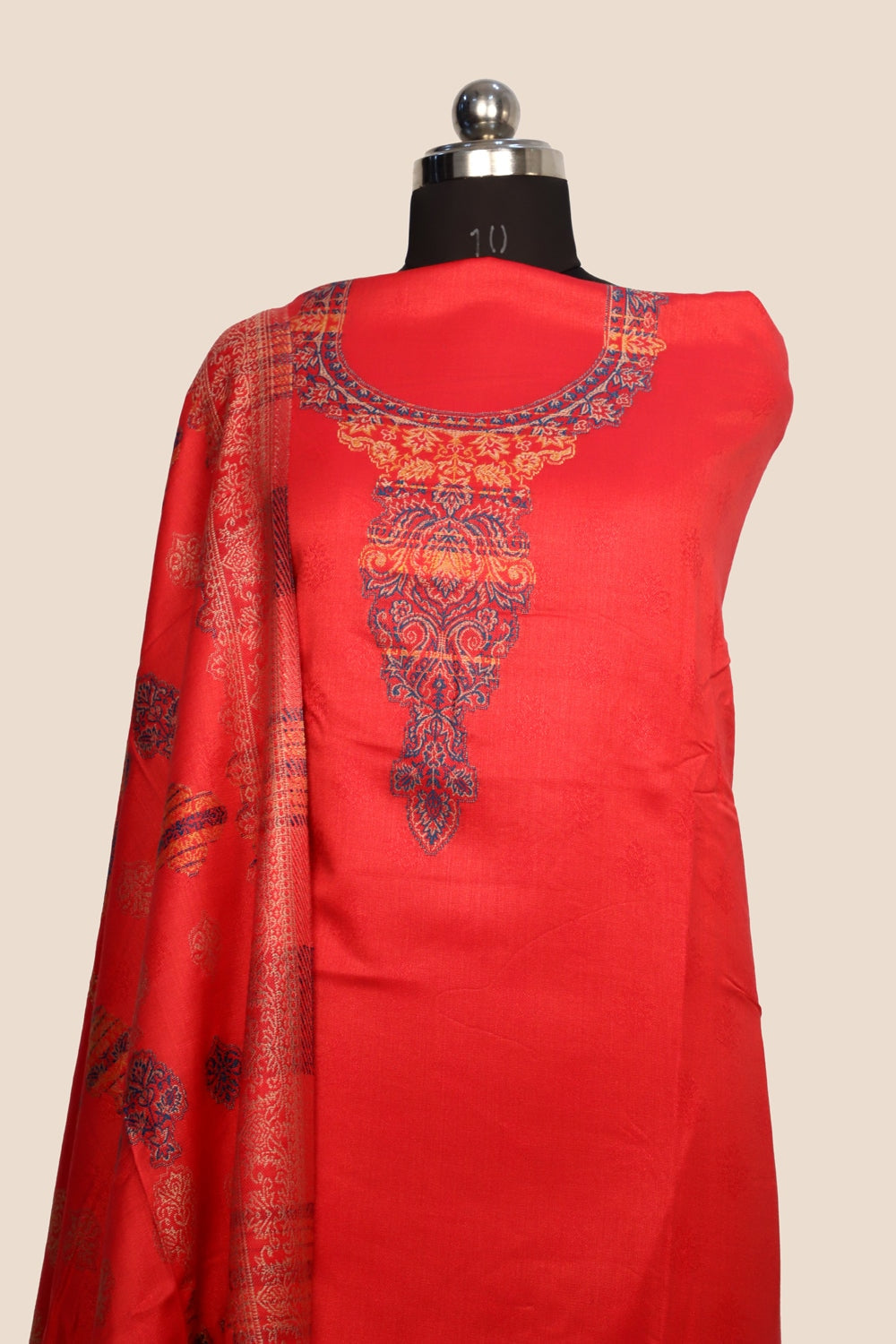 Red Color Woolen Kashmiri Kani Work Unstitched Suit Fabric