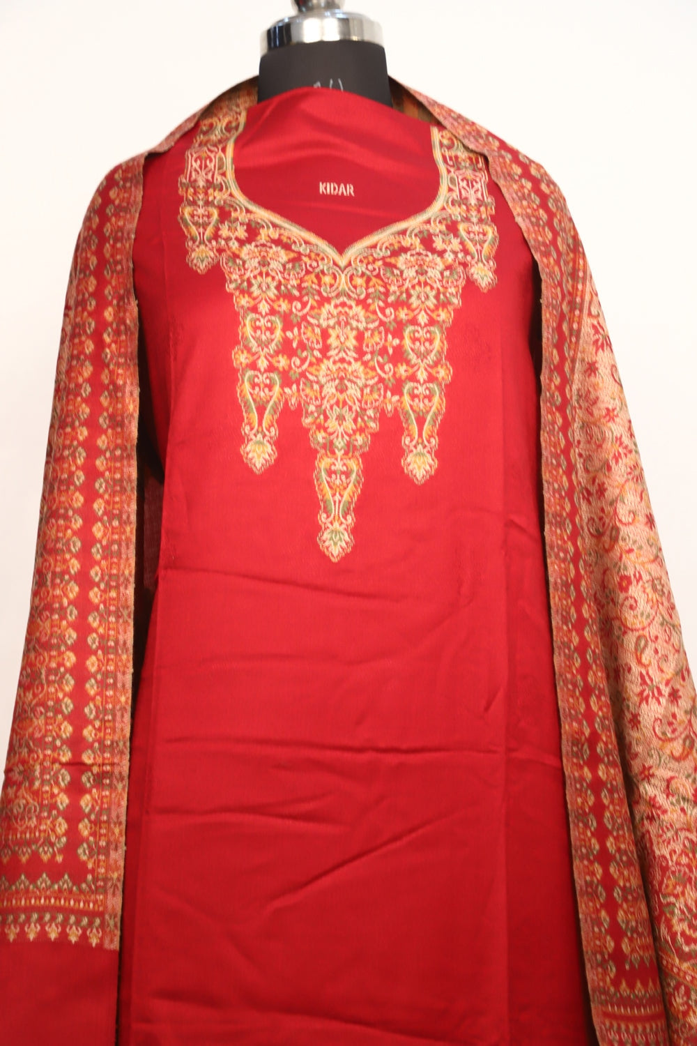 Red Color Woolen Kashmiri Kani Work Unstitched Suit Fabric