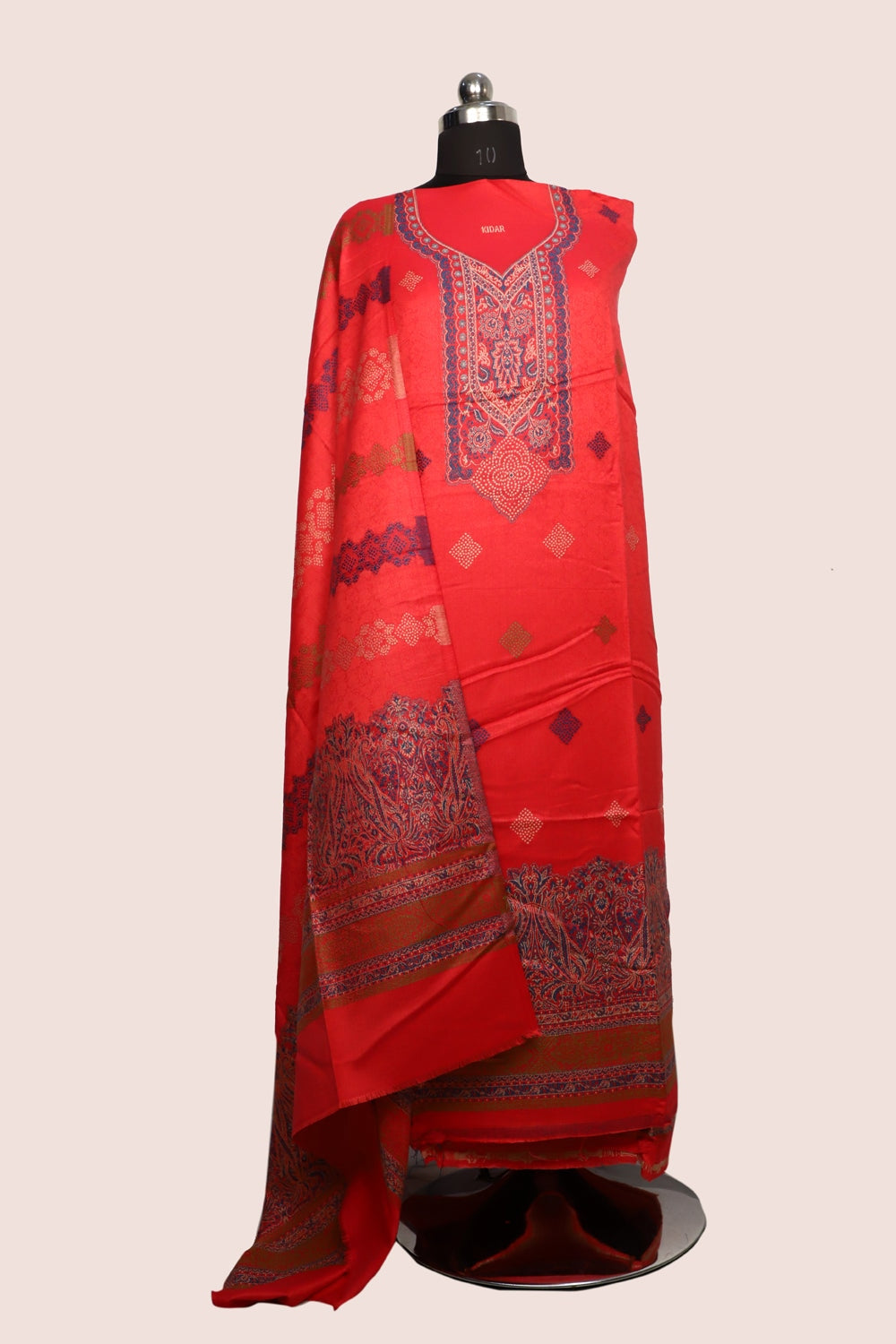 Red Color Woolen Kashmiri Kani Work Unstitched Suit Fabric