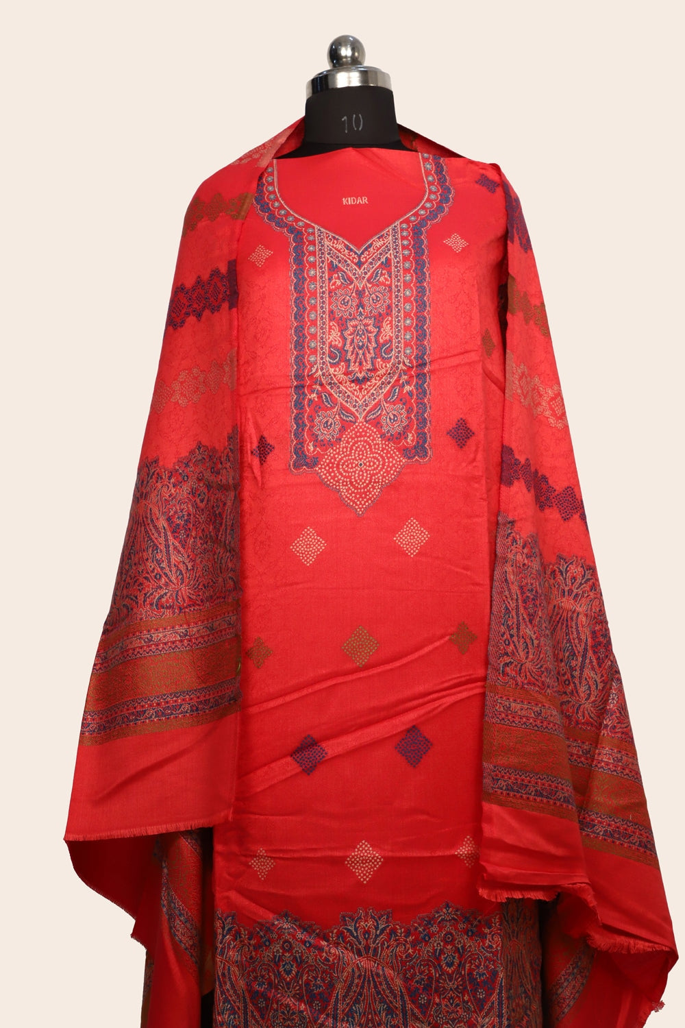 Red Color Woolen Kashmiri Kani Work Unstitched Suit Fabric