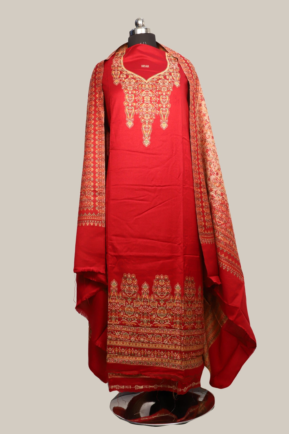 Red Color Woolen Kashmiri Kani Work Unstitched Suit Fabric