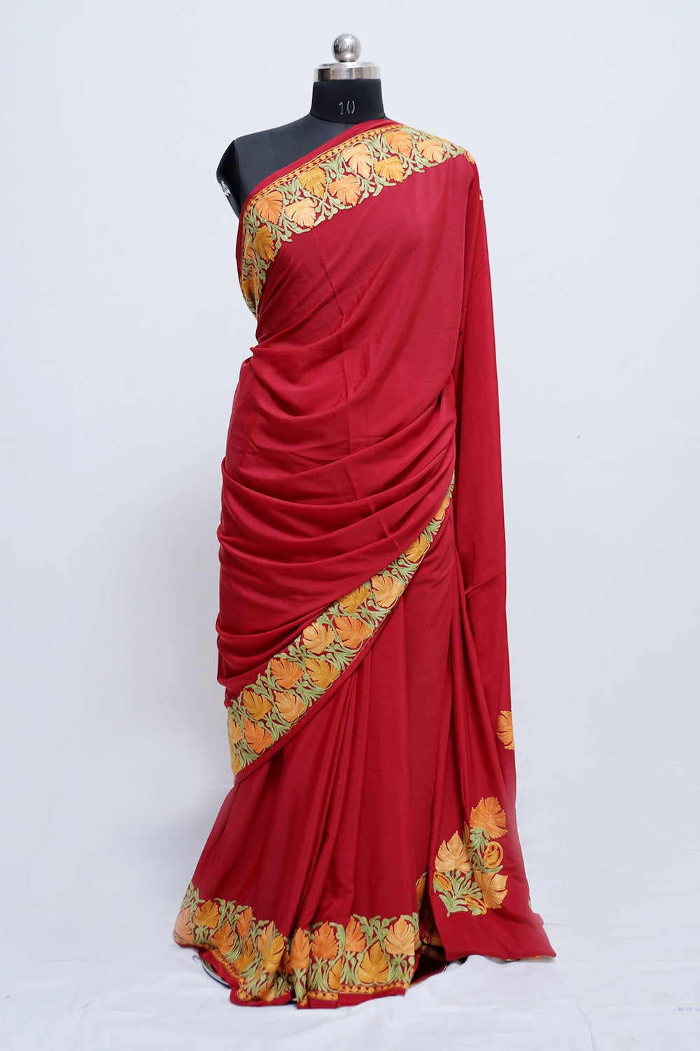 Red Colour Crepe Saree With Beautiful Multicolour Kashmiri