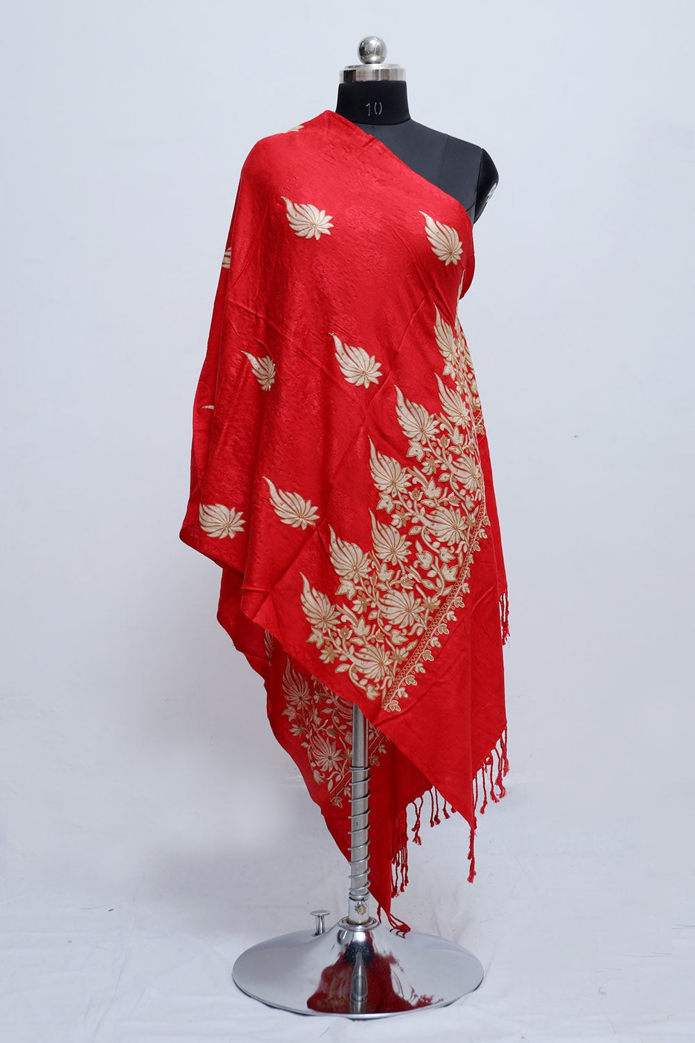 Red Colour Stole Enriched With Aari Embroidery And A Touch
