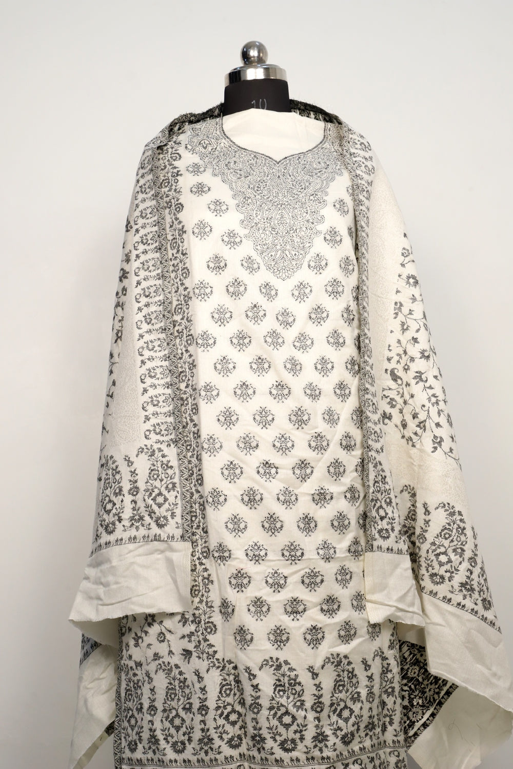 Cream White Color Woolen Kashmiri Kani Work Unstitched Suit