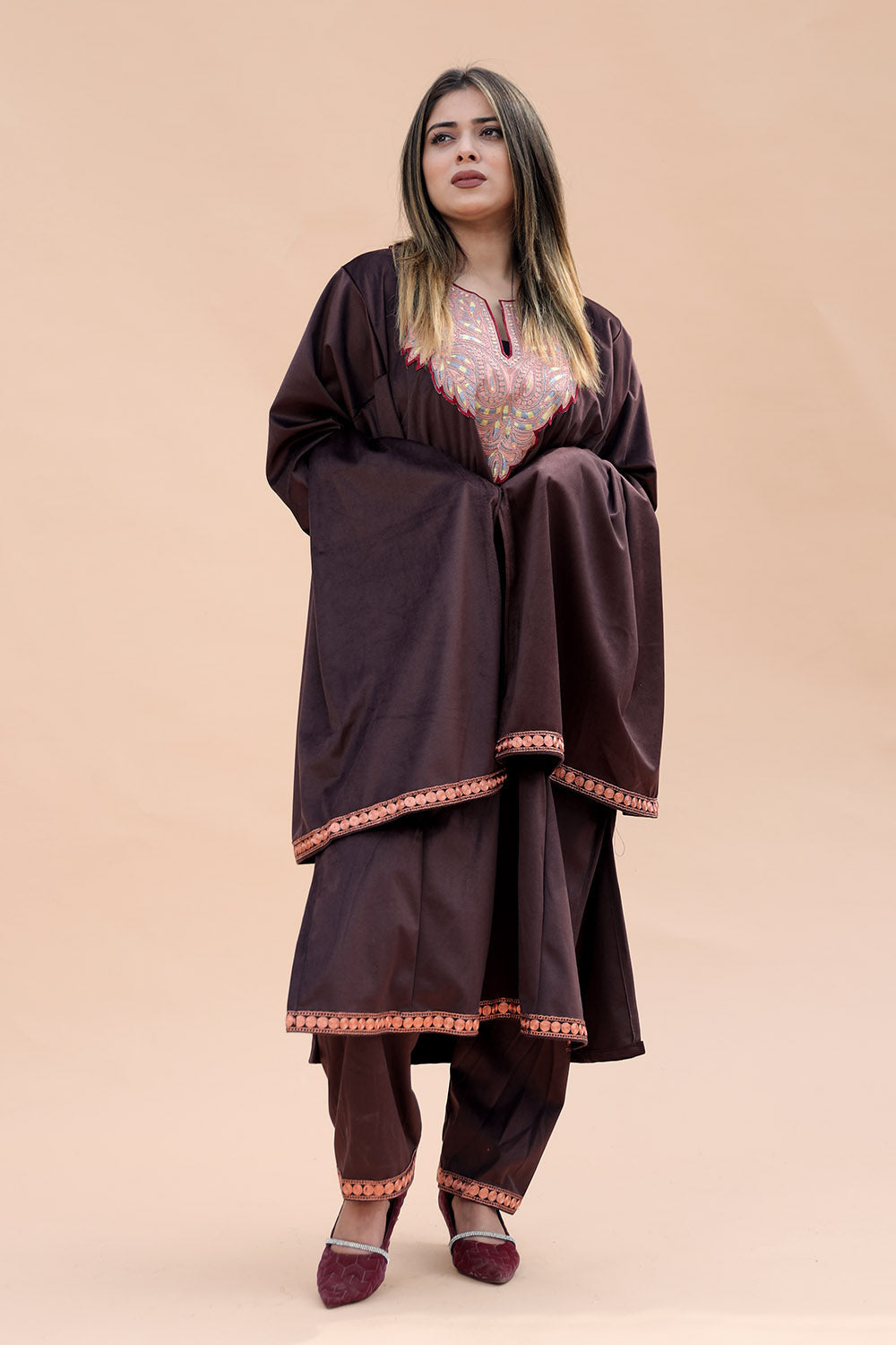 Dark Brown Color Kashmiri Pheran Set With Tilla Patch Work