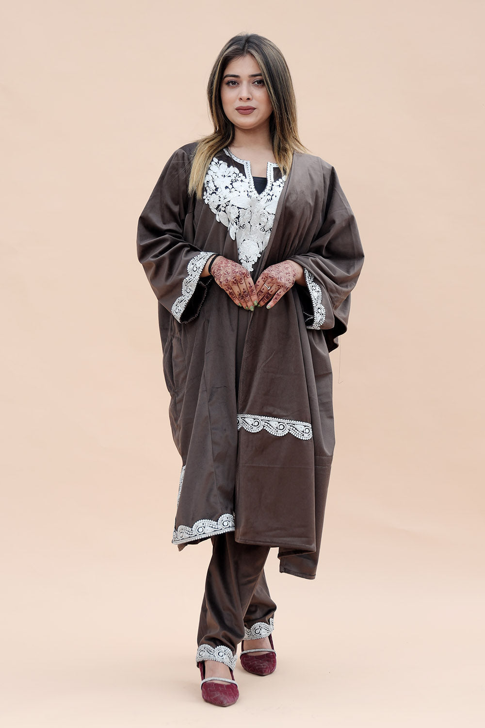 Dark Brown Color Kashmiri Pheran Set With Tilla Patch Work