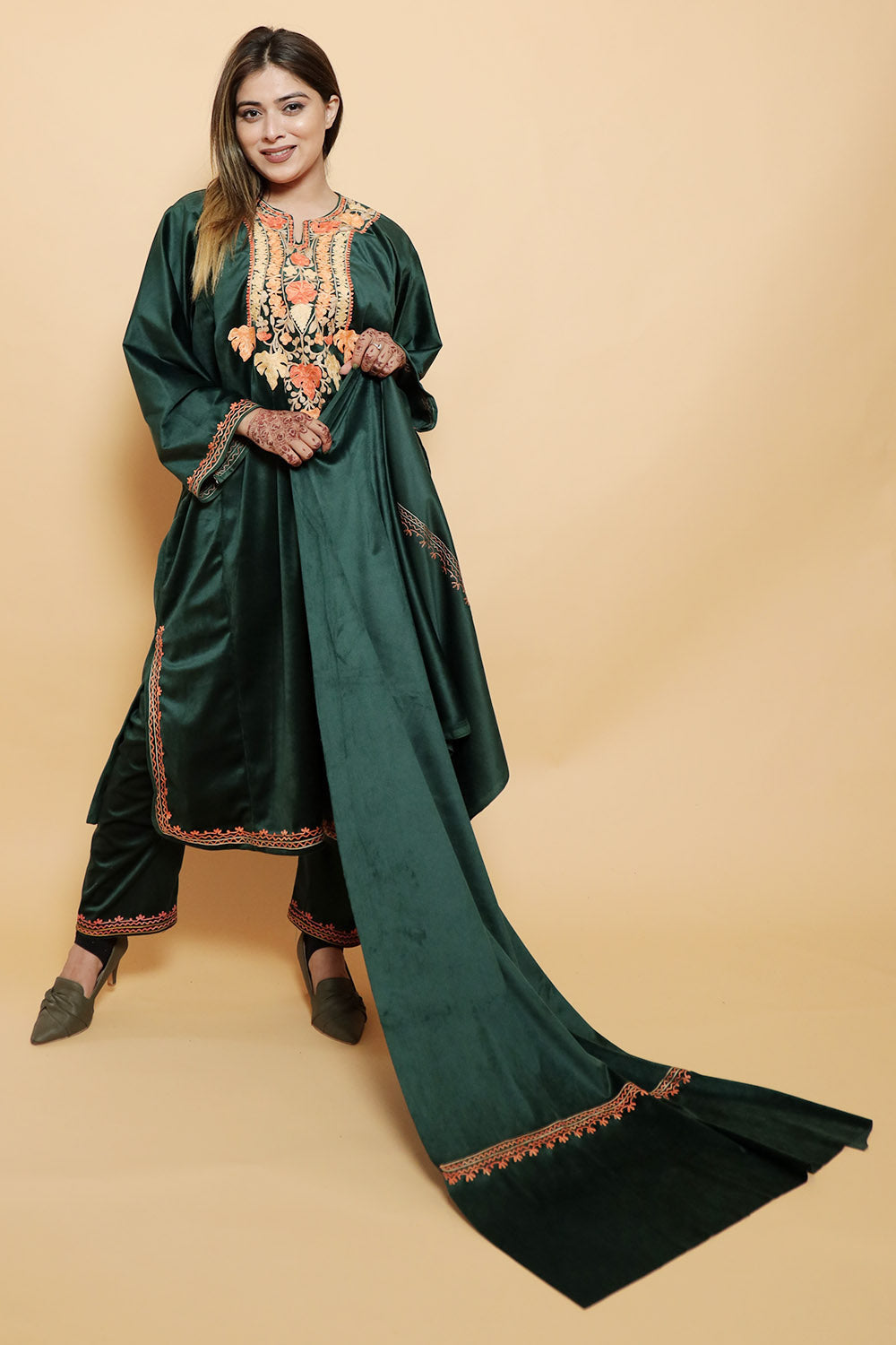 Dark Green Color Kashmiri Pheran Set With Kashida Aari Work