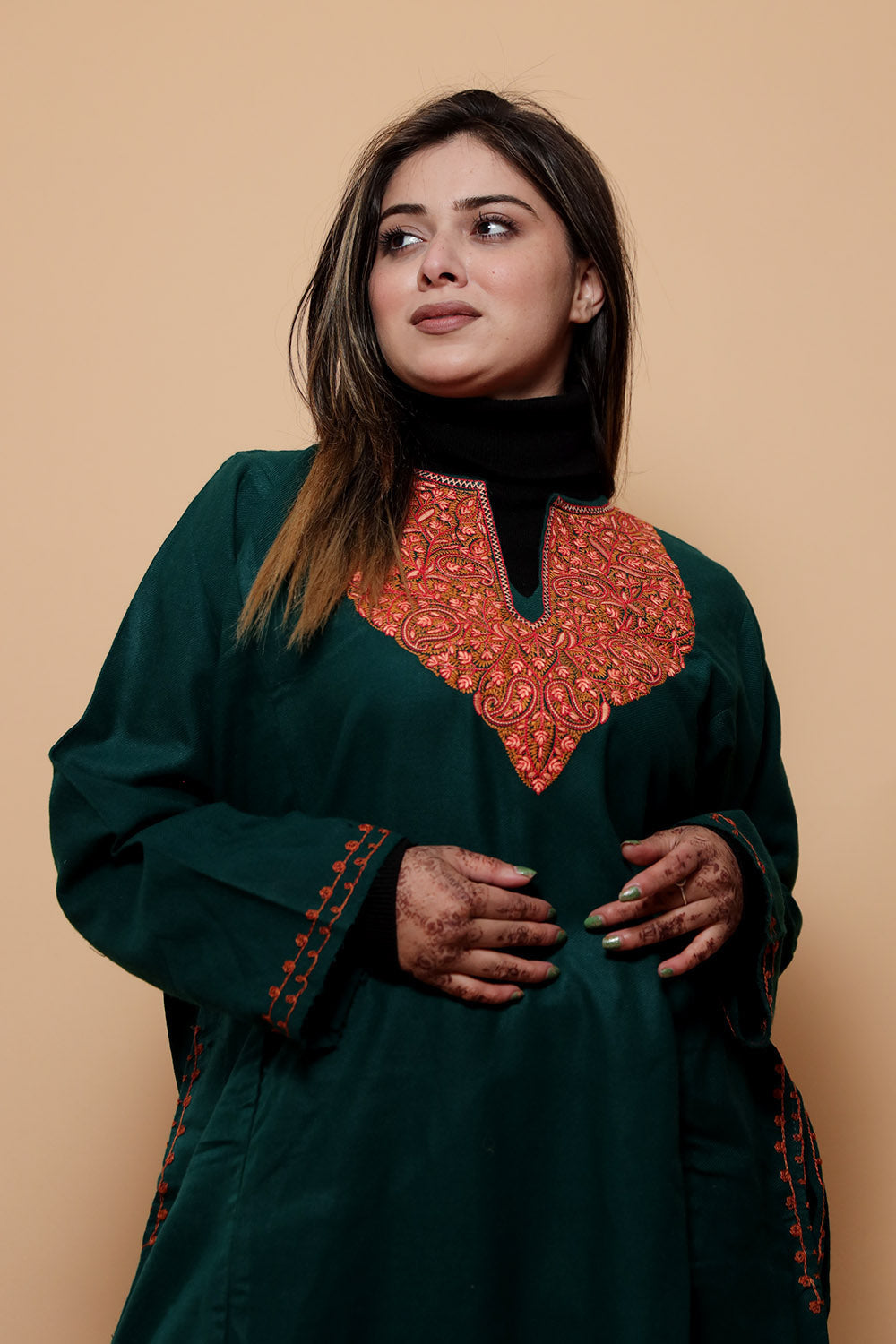 Dark Green Color Kashmiri Work Embroidered Phiran Enriched