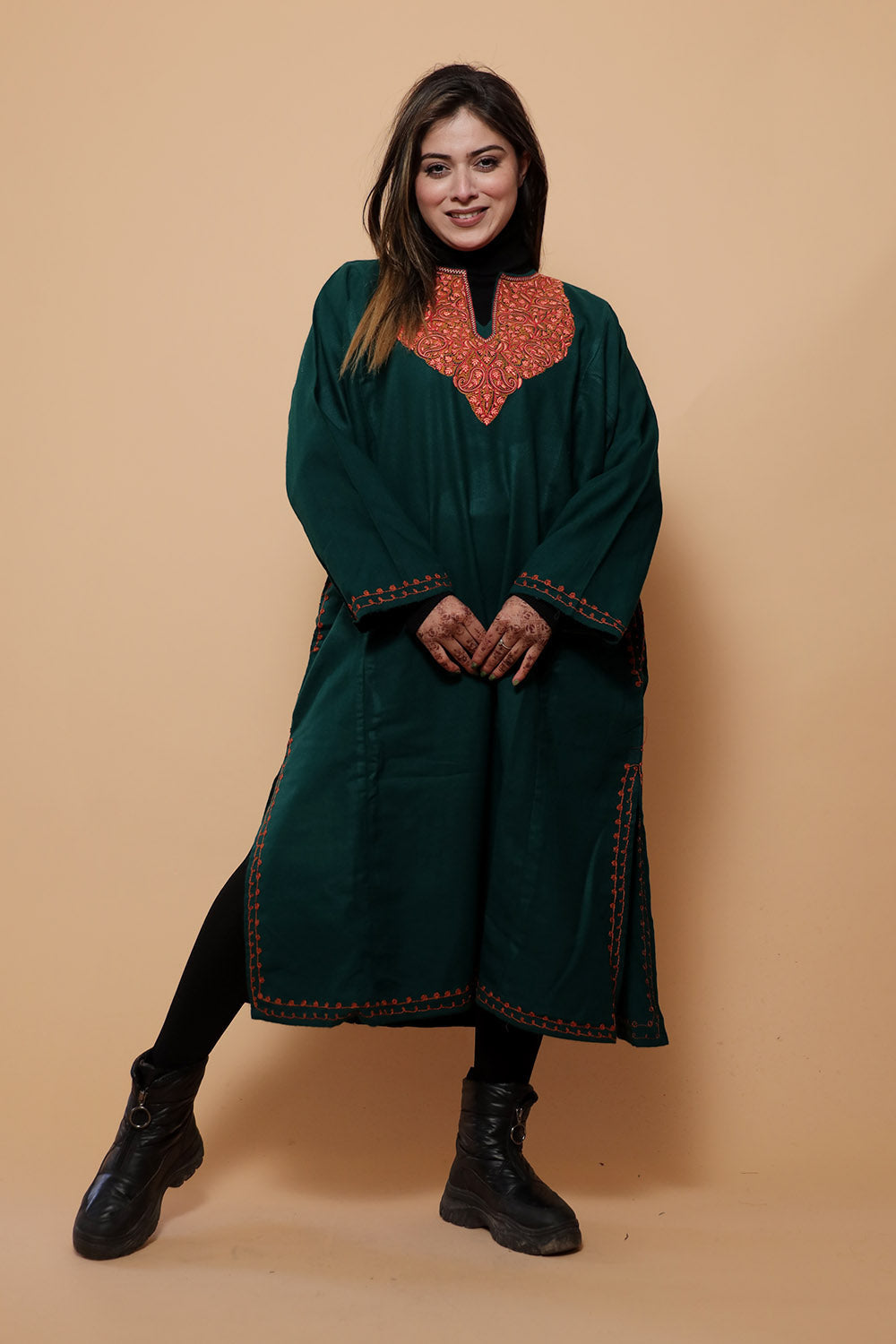 Dark Green Color Kashmiri Work Embroidered Phiran Enriched