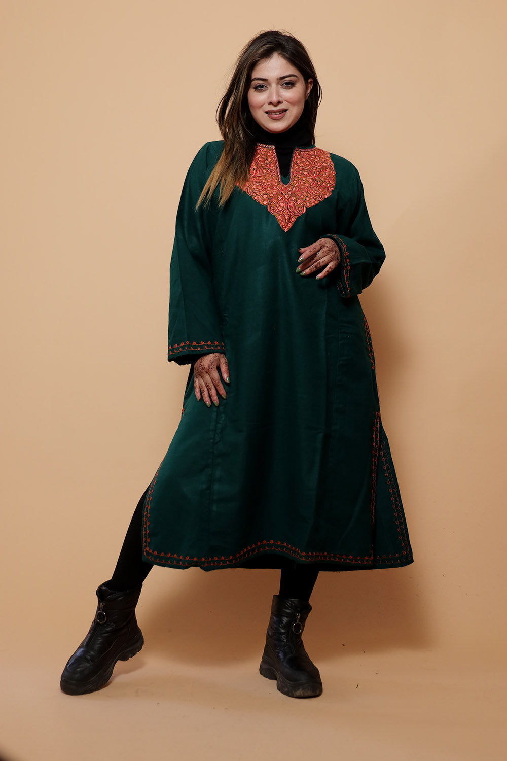 Dark Green Color Kashmiri Work Embroidered Phiran Enriched