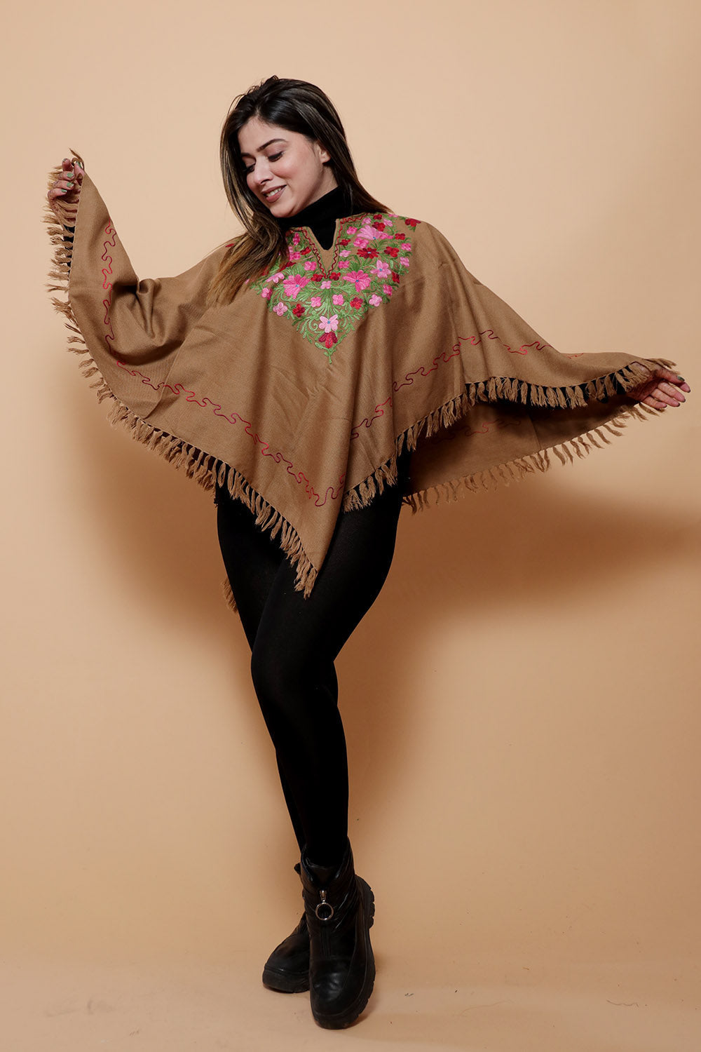 Earthy Brown Colour Ponchu With Elegant Kashmiri Embroidery.