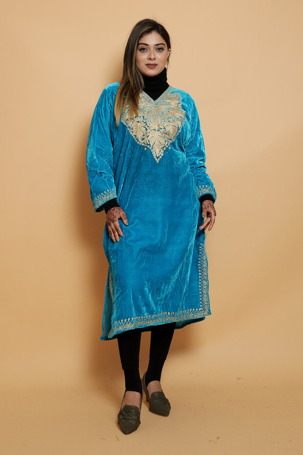 Firozi Blue Color Aari Work Embroidered Velvet Kashmiri