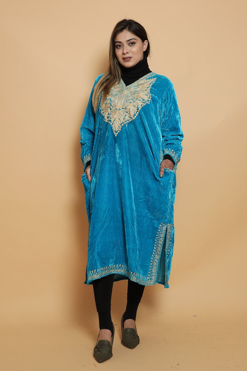 Firozi Blue Color Aari Work Embroidered Velvet Kashmiri