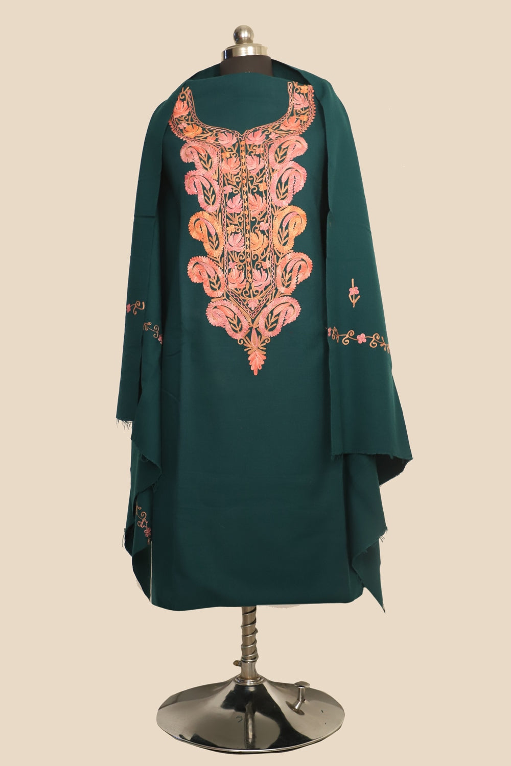 Green Color Kashmiri Woolen Aari Work Embroidered Unstitched