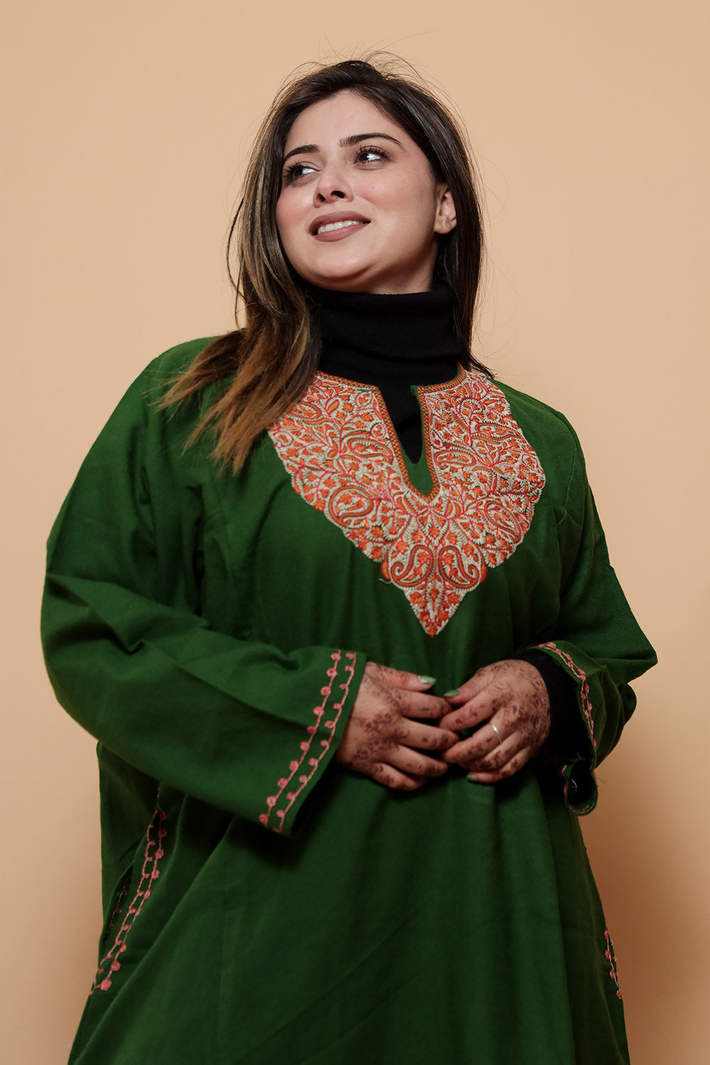 Green Color Kashmiri Work Embroidered Phiran Enriched