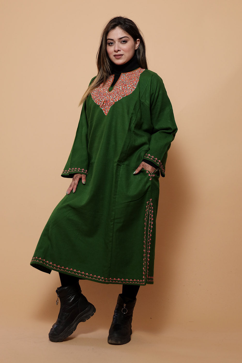 Green Color Kashmiri Work Embroidered Phiran Enriched